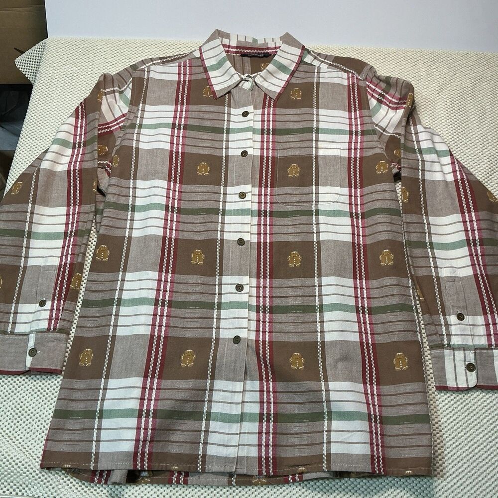 Krazy Kat Shirt Womens XL Plaid Gingerbread Button Up Long Sleeve Brown Cotton